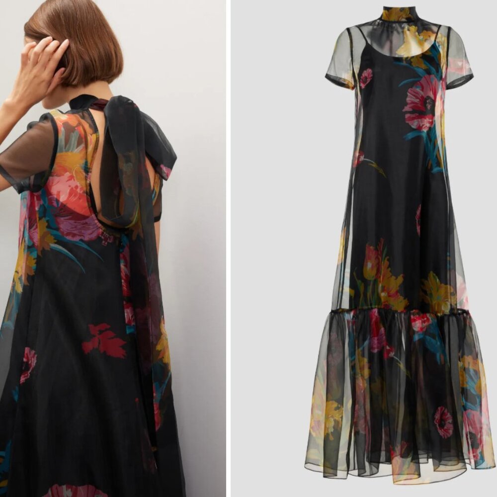 STAUD Black Floral Sheer Overlay Midi Dress with Yellow & Pink Accents